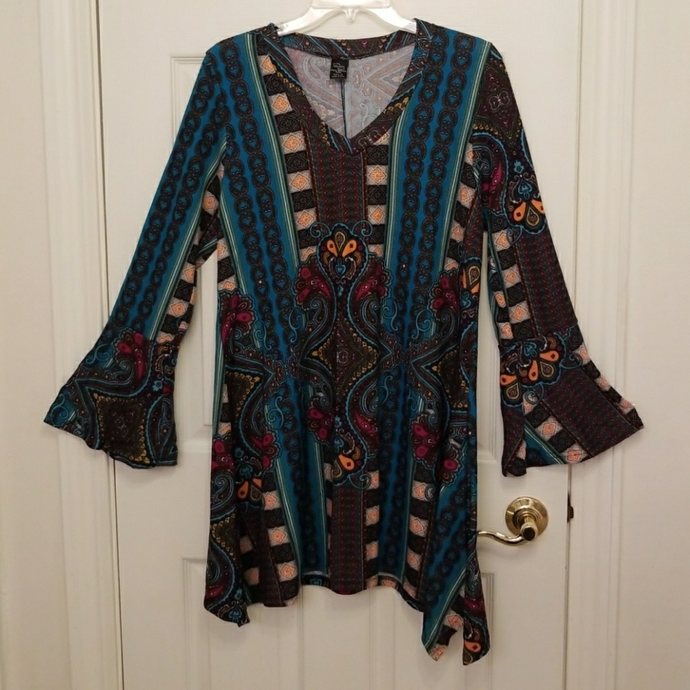 Multi Colored Long Bell Sleeve Sweater Blouse.
